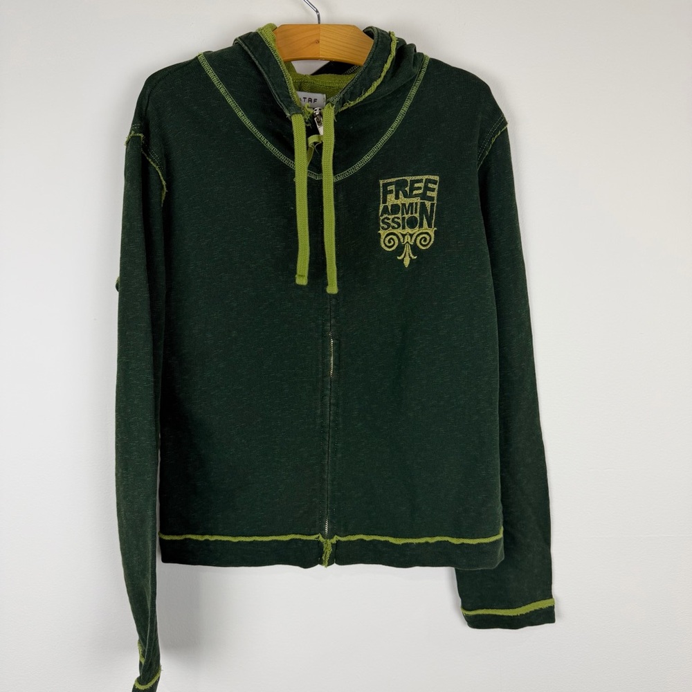 Zara TRF Free Admission Graphic Zip Hoodie Green Raw Hem M